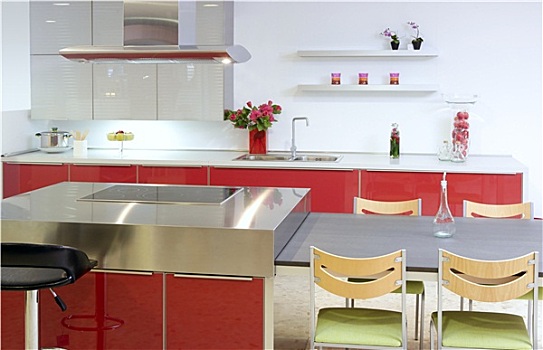 红色,岛屿,厨房,银,现代,室内,房子