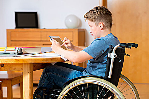 男孩,轮椅,家庭作业,平板电脑