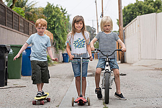 女孩,男孩,道路,滑板车,自行车,滑板