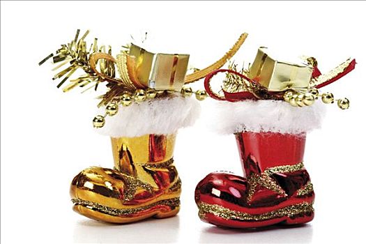 红色,金色,靴子,丝带,展示,圣诞树装饰