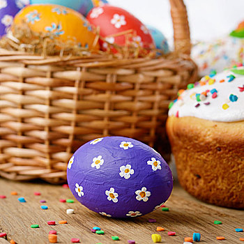复活节,装饰,蛋,蛋糕,篮子,桌面