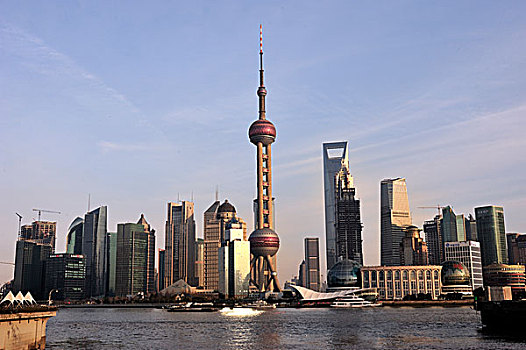 黄浦江上的上海浦东建筑群