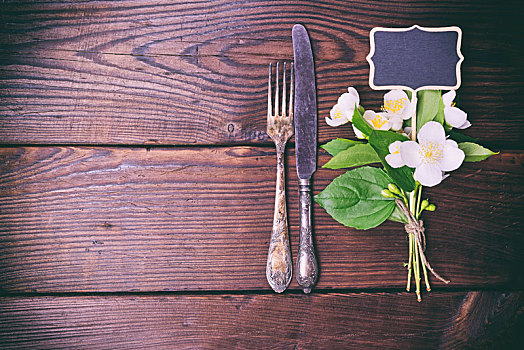 铁,旧式,餐具,花束,茉莉