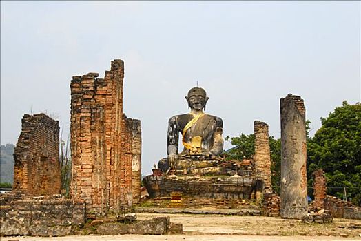 古老,佛像,柱子,佛教寺庙,寺院,毁坏,越战,老挝,东南亚