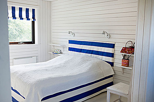 卧室,白色,木板嵌镶,双人床,遮盖,蓝色,设计