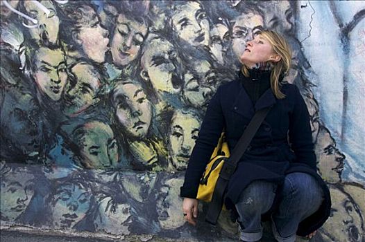 女青年,正面,涂鸦,柏林墙,柏林,德国