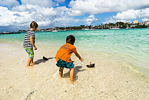 两个男孩,7岁,老,玩,小船,椰树,安大略省,海滩,岛屿,瓜德罗普,法国