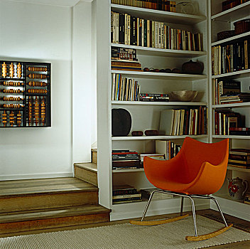 橙色,摇晃,扶手椅,设计,坐,角,现代,图书馆