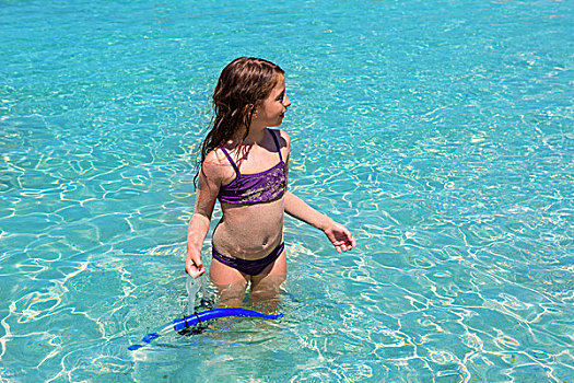 水,海滩,紫色,比基尼,小女孩