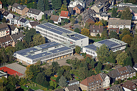 航拍,太阳,太阳能电池,屋顶,高,学校,博特罗普,鲁尔区,北莱茵威斯特伐利亚,德国,欧洲