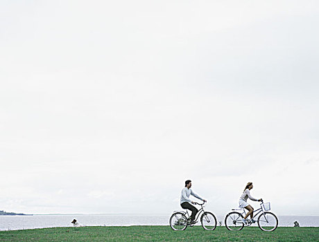 男青年,女人,骑自行车,草地,海洋,阴天,背景