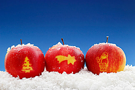 三个,苹果,雕刻,圣诞节,象征