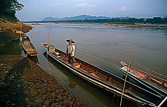 老挝,琅勃拉邦,省,村民,湄公河,小船