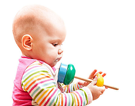 小,棕色眼睛,婴儿,木制玩具,工作室,侧面,头像,隔绝,白色背景