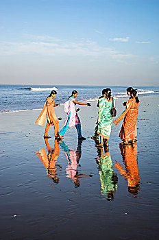 印度,群体,青少年,鲜明,衣服,海滩