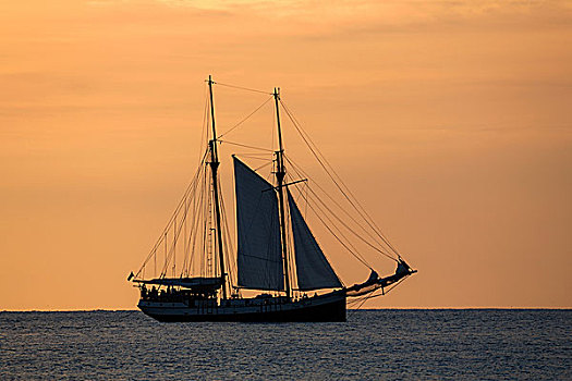 帆船,爱人,湾,正面,橙色天空,日落,马埃岛,塞舌尔,非洲