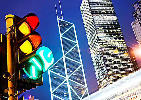 红绿灯,现代,城市,夜晚,香港