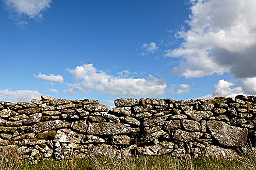 干燥,石头,墙壁,建造,自然,蓝色,天空,云,达特姆尔高原国家公园,德文郡,英格兰,英国,欧洲