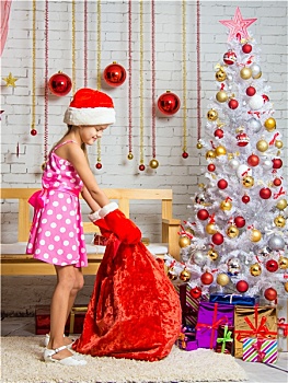 女孩,帽,连指手套,圣诞老人,拿着,包,圣诞礼物