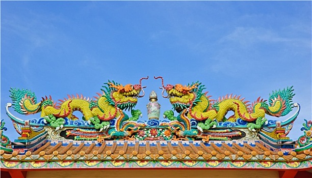 彩色,中国龙,庙宇,屋顶