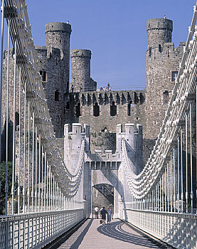 威尔士,康威城堡,游客,穿过,吊桥,一个,道路,世界