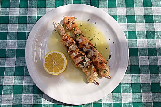 鱼肉串,多样,特色食品,小,盘子,酒馆,乡村,塞浦路斯,希腊,欧洲