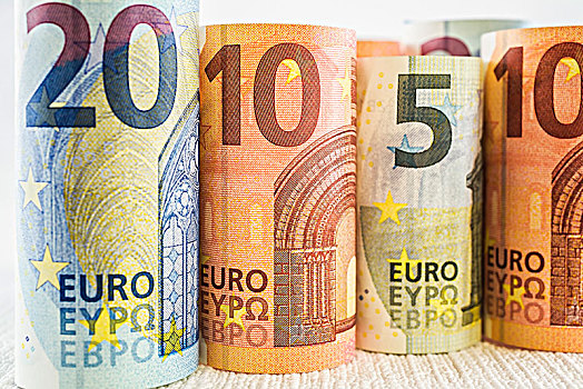 卷,竖立,五个,欧元,纸币,钞票