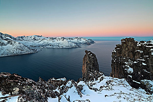 风景,框架,冰冻,海洋,粉红天空,日出,上面,攀升,挪威,欧洲