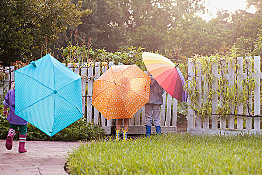 男孩,两个,姐妹,玩,花园,伞
