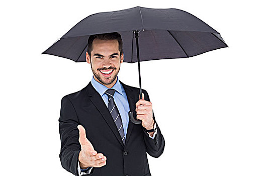 高兴,商务人士,伞,给,握手