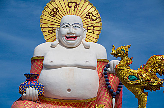 泰国,苏梅岛,寺院,庙宇,金色,公鸡,雕塑,正面,大,高兴,佛,繁荣