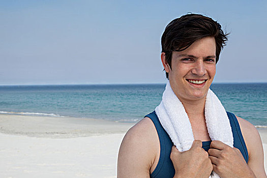 微笑,站立,男人,海滩,毛巾,颈部,头像