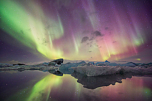 冰岛,杰古沙龙湖,极光,反射,泻湖,画廊