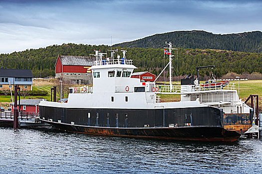 白色,乘客,渡轮,黑色,船体,站立,停泊,小,挪威,乡村,港口