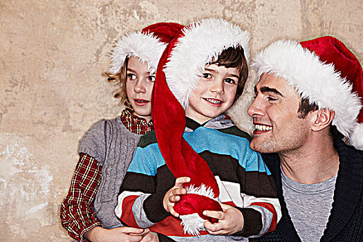 父亲,儿童,穿,圣诞帽