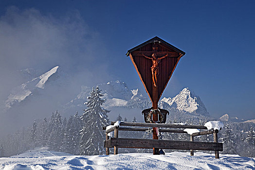 冬季风景,路边,风景,阿尔卑斯峰,加米施帕藤基兴,巴伐利亚,德国