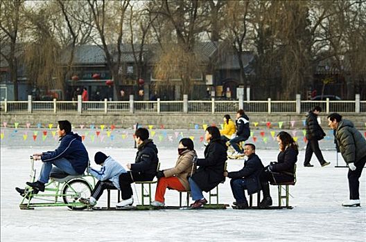 中国,北京,后海,人群,滑雪橇,冰冻,湖
