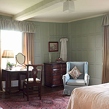 旧式,卧室,椅子,淡色调,蓝色,墙