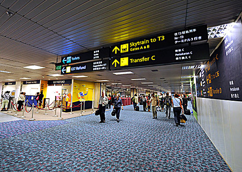 乘客,走,等待,区域,乘坐,大门,新加坡,国际,机场,亚洲