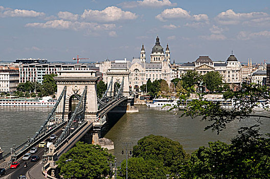 风景,城堡,山,堤岸,多瑙河,河,链子,桥,格雷斯姆,宫殿,大教堂,布达佩斯,匈牙利,欧洲