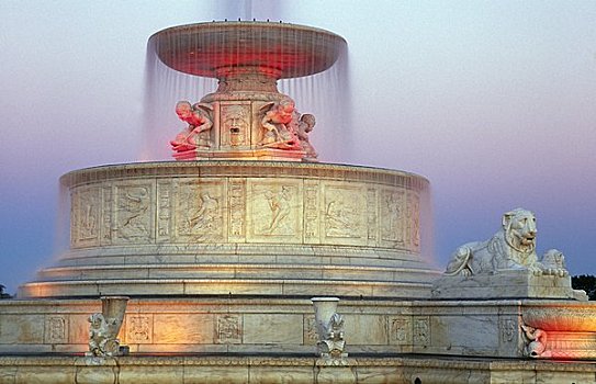 喷泉,光亮,公园,纪念,岛,底特律,密歇根,美国