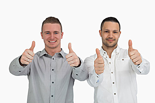 两个男人,放,竖大拇指,白色背景
