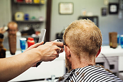 顾客,坐,理发椅,理发师,电动剃须刀,剃,头部
