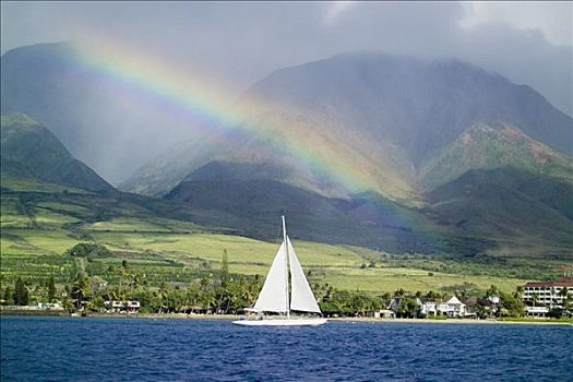 夏威夷,毛伊岛,拉海纳,彩虹,正面,西部,山脉,帆船,海洋