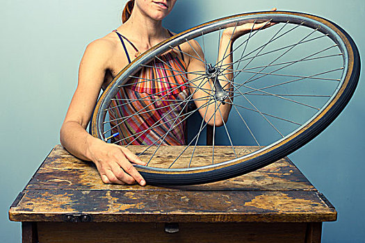 女人,书桌,自行车,轮子