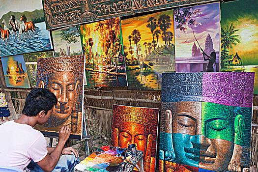 柬埔寨,收获,吴哥窟,艺术家,绘画,图像,佛