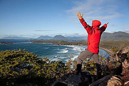 一个,男人,穿,红色,外套,湾,靠近,抬臂,不列颠哥伦比亚省,加拿大