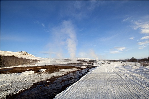 几个,间歇泉,冬季风景,冰岛