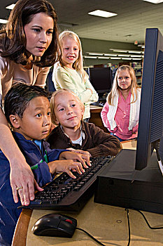 小学,教师,儿童,看电脑,图书馆