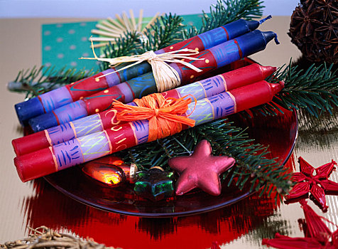 红色,蓝色,蜡烛,装饰,礼物,圣诞节